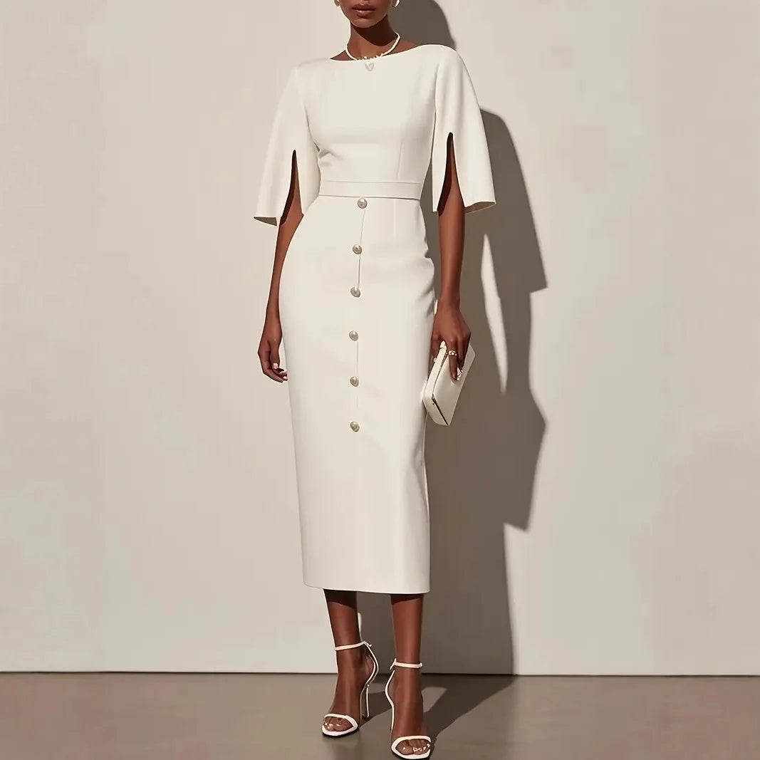 Woman wearing white split sleeve pencil dress with front buttons