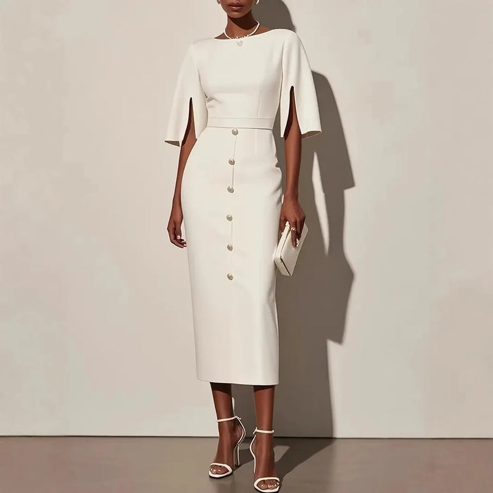 Woman wearing white split sleeve pencil dress with front buttons