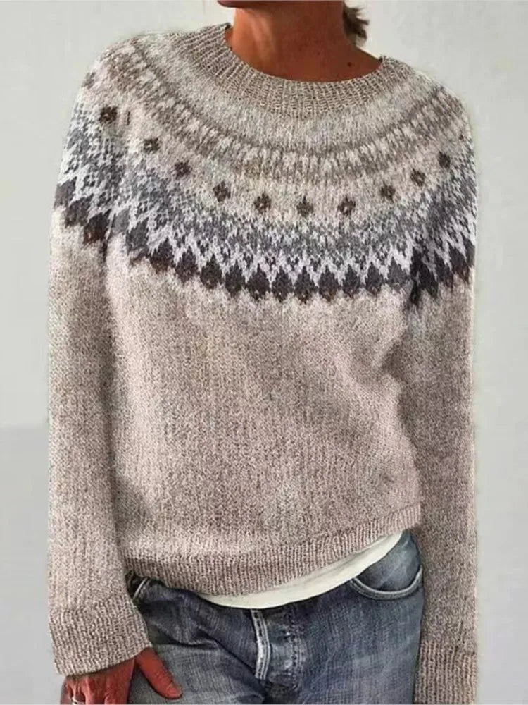 Khaki Fair Isle sweater with brown and gray patterned yoke