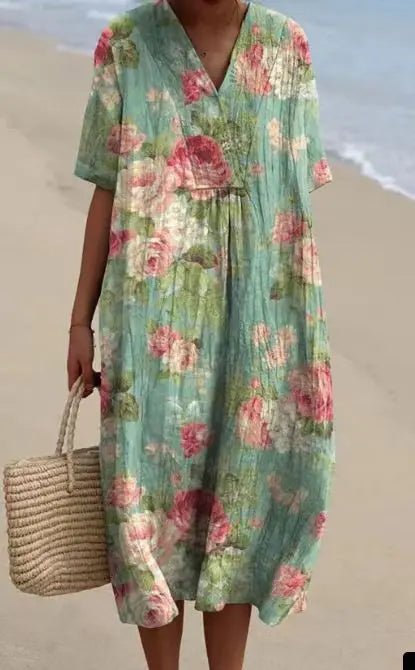 Mallory Printed V Neck Midi Dress