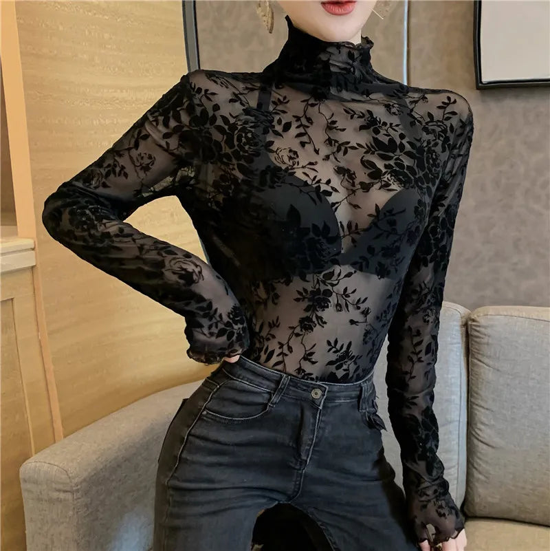 Eleanor Flocked Mesh Turtleneck