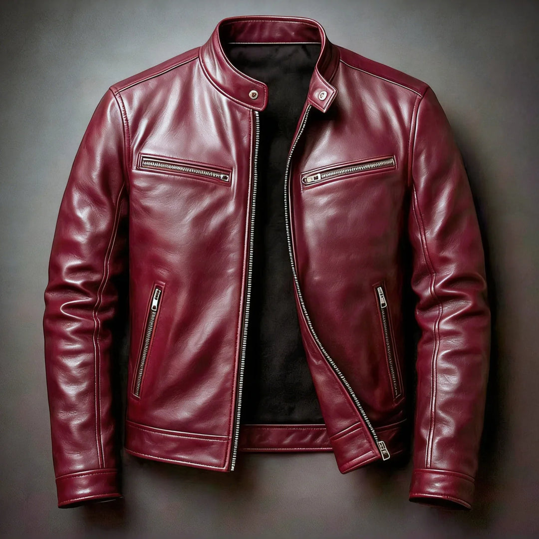 Burgundy leather moto jacket with stand collar, front view