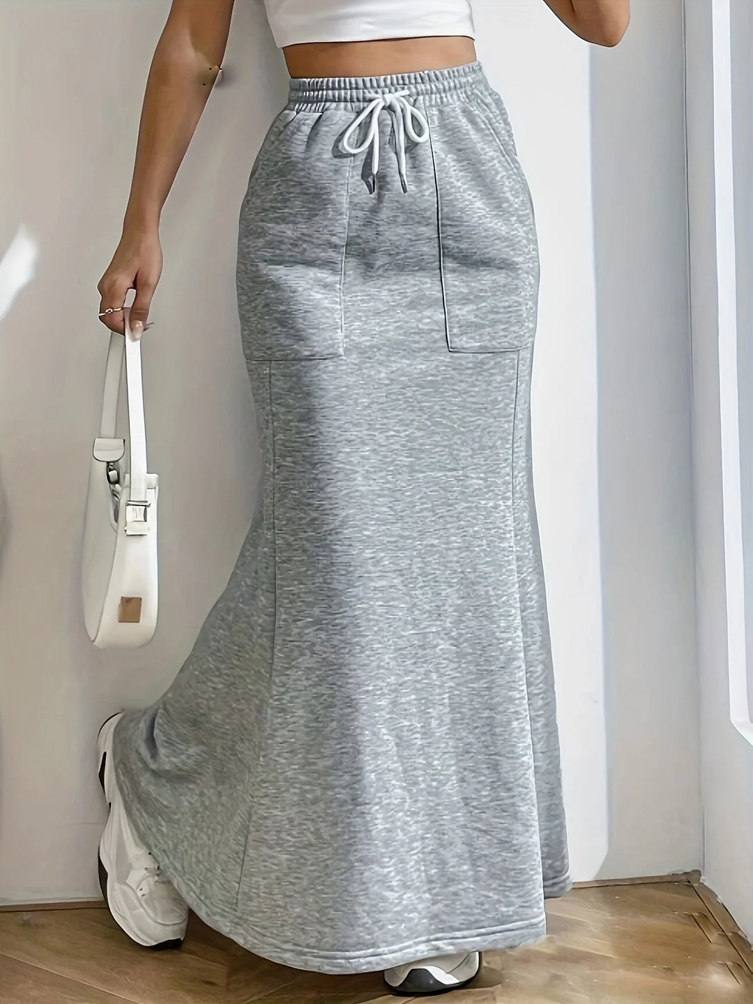 Gray mermaid hem maxi skirt front view with drawstring waist