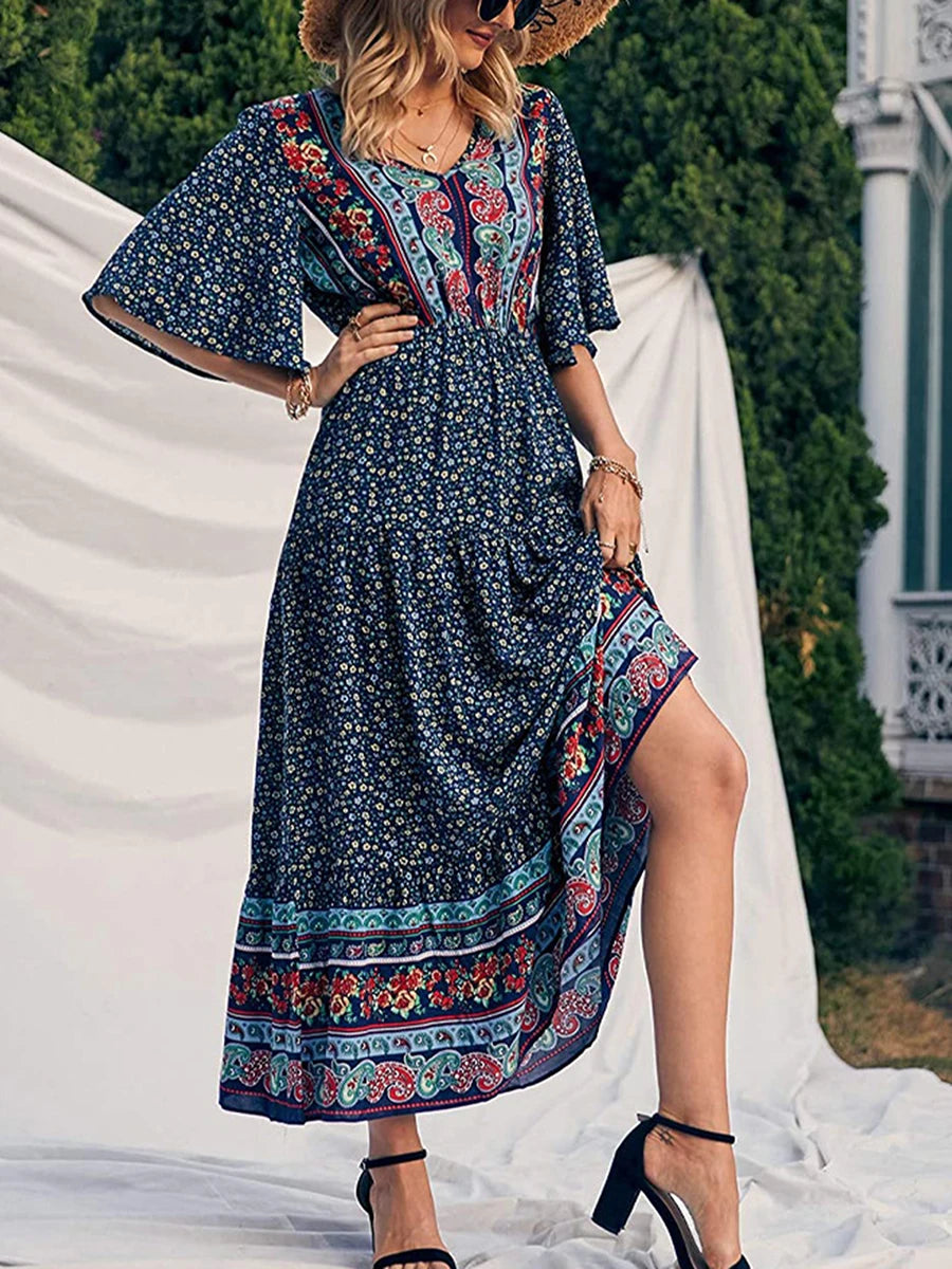 Elara Flowy Boho Print V Neck Maxi Dress