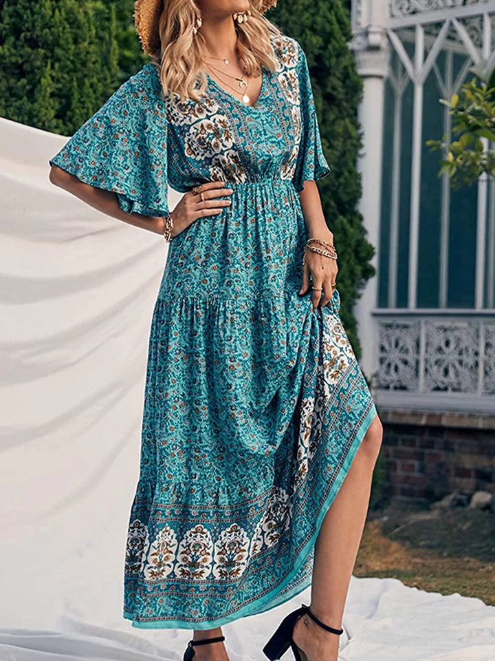 Elara Flowy Boho Print V Neck Maxi Dress