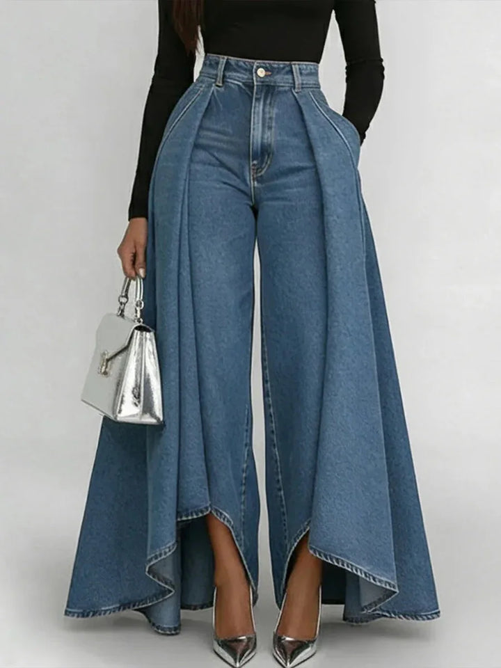 Deep blue layered denim wide leg jeans, front view