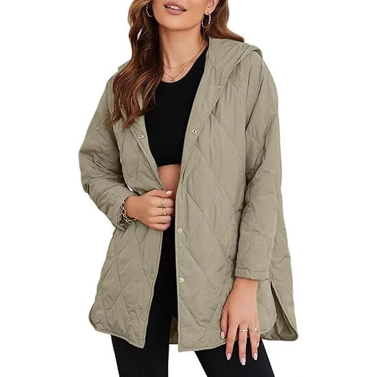 Woman wearing light green quilted hooded jacket, front view open