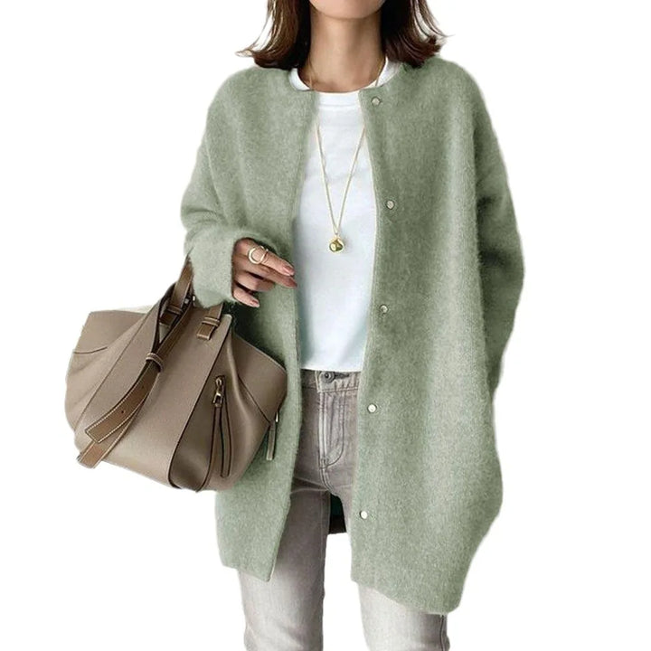Sage green oversized knit cardigan with snap buttons