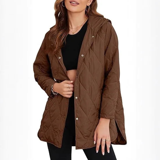 Woman wearing brown quilted hooded jacket, front view open