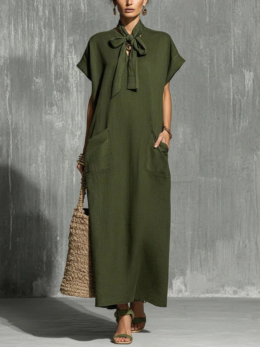 Charlotte Vintage V Neck Short Sleeve Flowing Maxi Dress