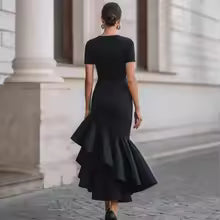 Geneva Asymmetrical Ruffle Cocktail Midi Dress