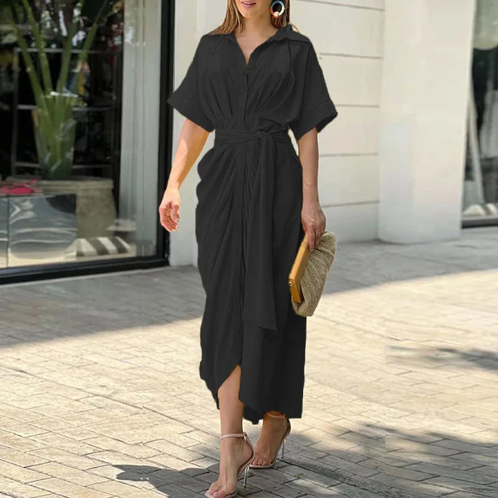 Rose Printed Tie Waist Shirt Midi Dress