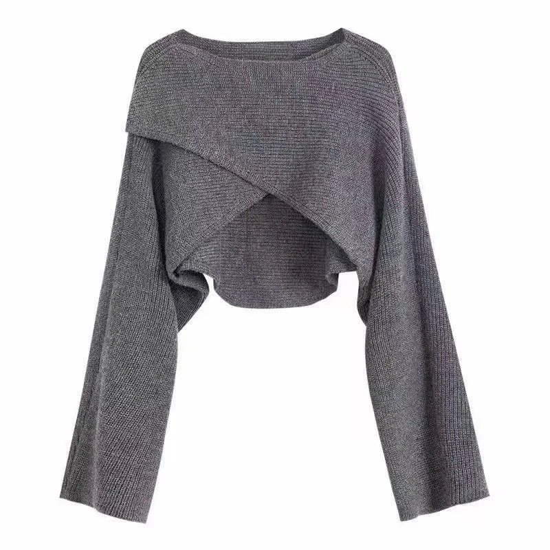 Gray crisscross wrap crop sweater, flat lay front view