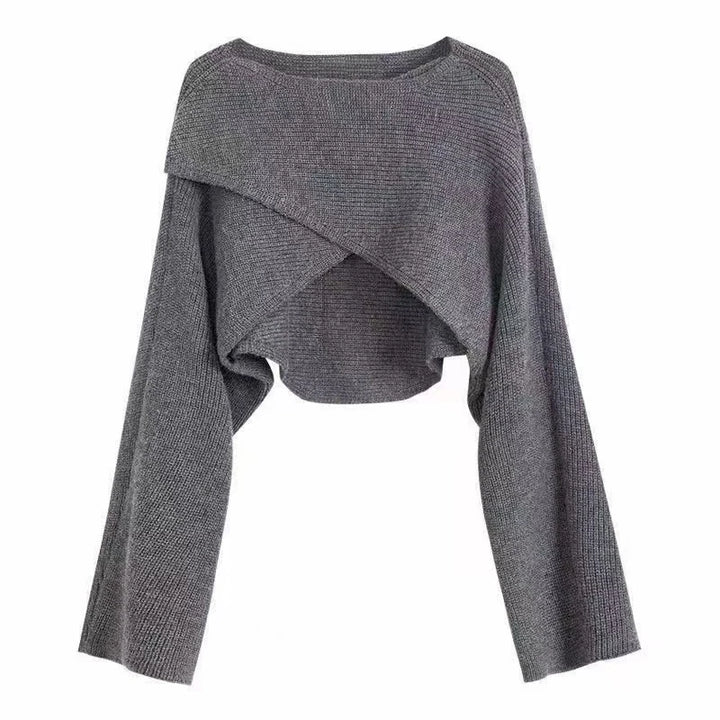 Gray crisscross wrap crop sweater, flat lay front view