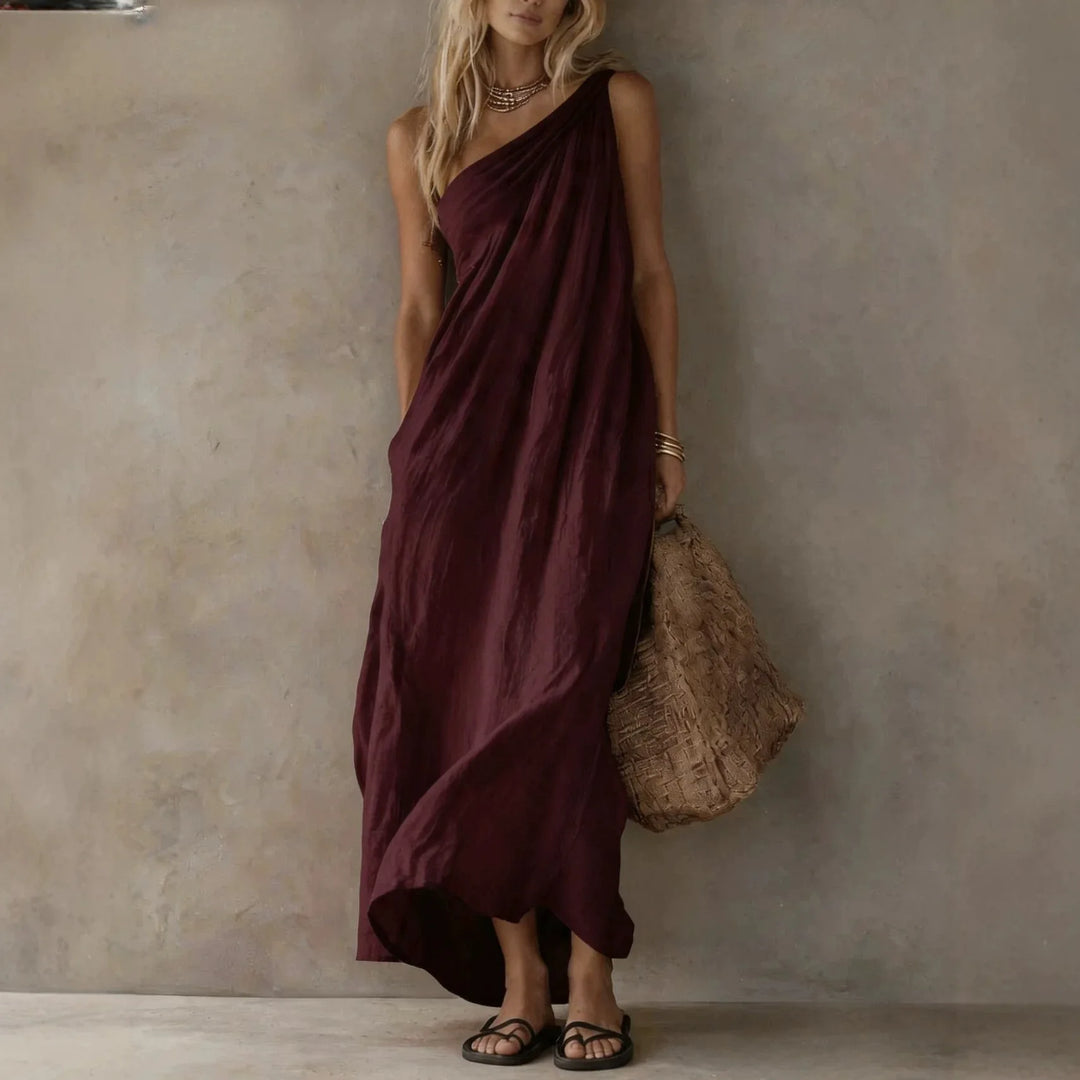 Celine One Shoulder Linen Maxi Dress