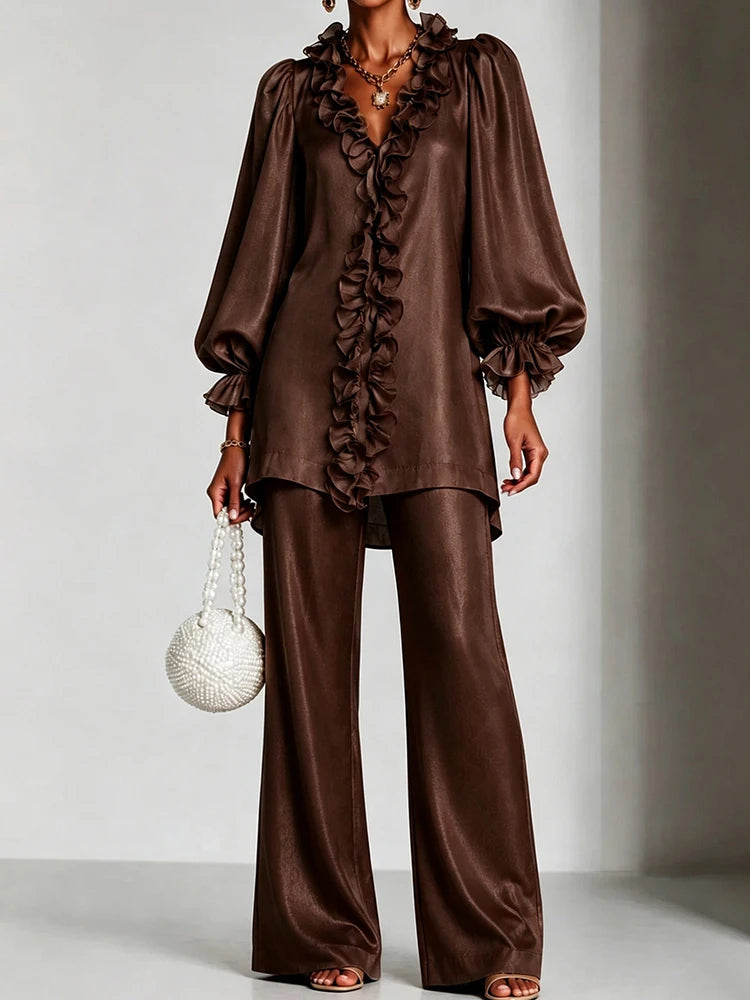 Dark brown ruffled V-neck top and wide leg pants set
