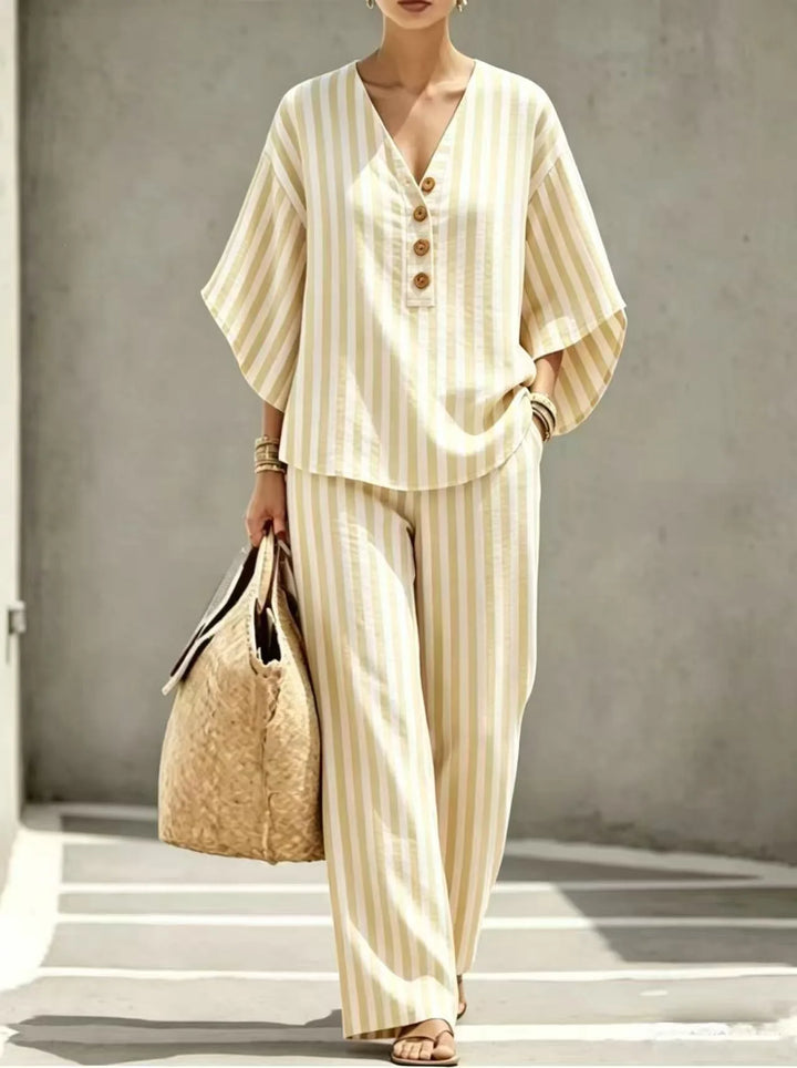 Madison Striped Short Sleeve Button Front Pants Set