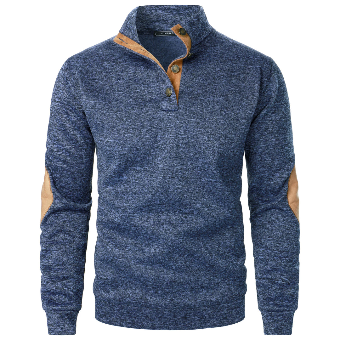 Navy heathered quarter-button pullover with suede elbow patches, front view