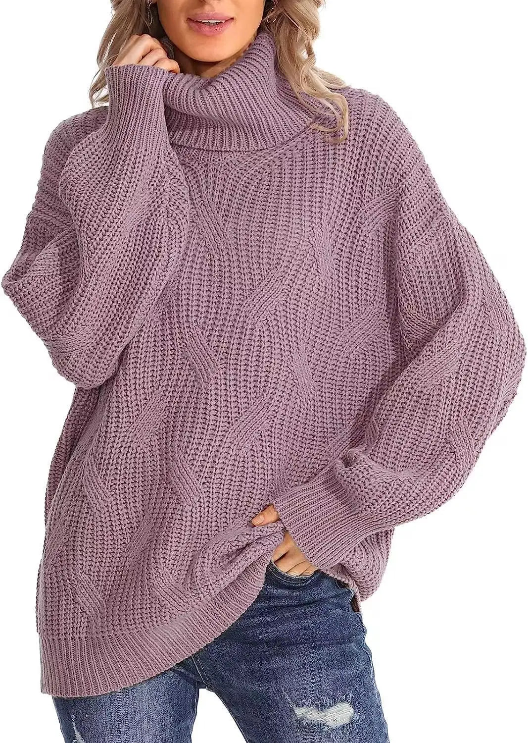 Woman wearing light purple cable knit oversized turtleneck sweater