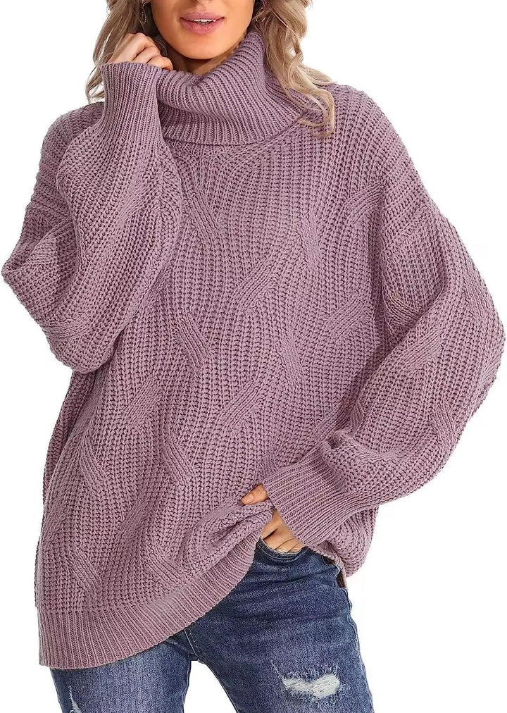 Woman wearing light purple cable knit oversized turtleneck sweater