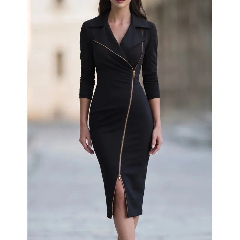 Black sheath dress with diagonal zipper and notched collar, front view