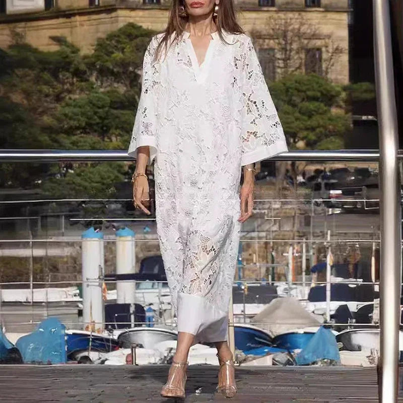 Beatrice Embroidered Eyelet V Neck Maxi Dress
