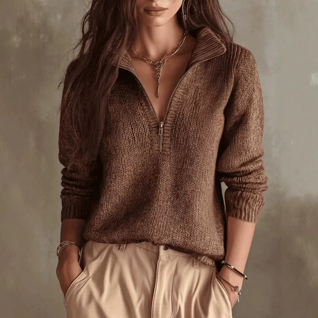 Dark brown half-zip knit sweater with wide collar, close view