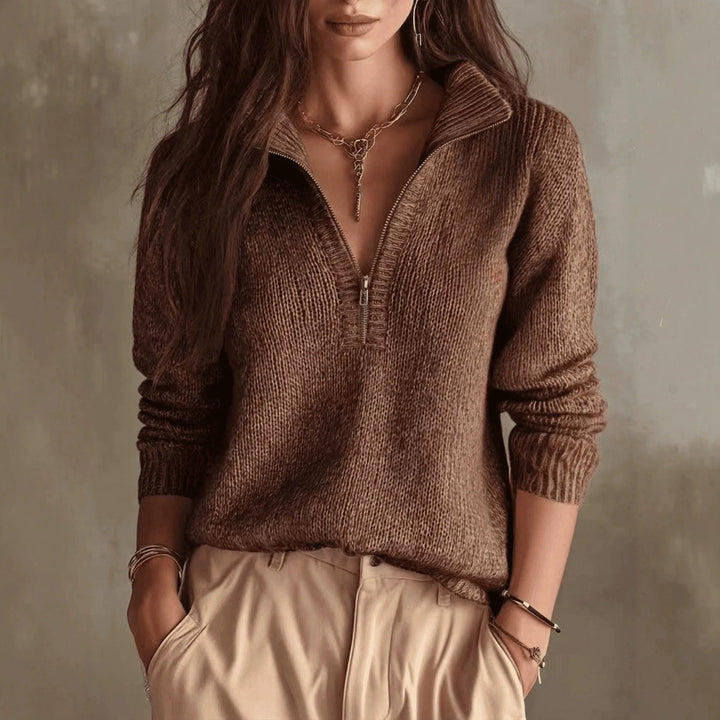 Dark brown half-zip knit sweater with wide collar, close view