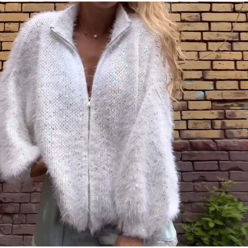 White fuzzy sequin cardigan open zip detail