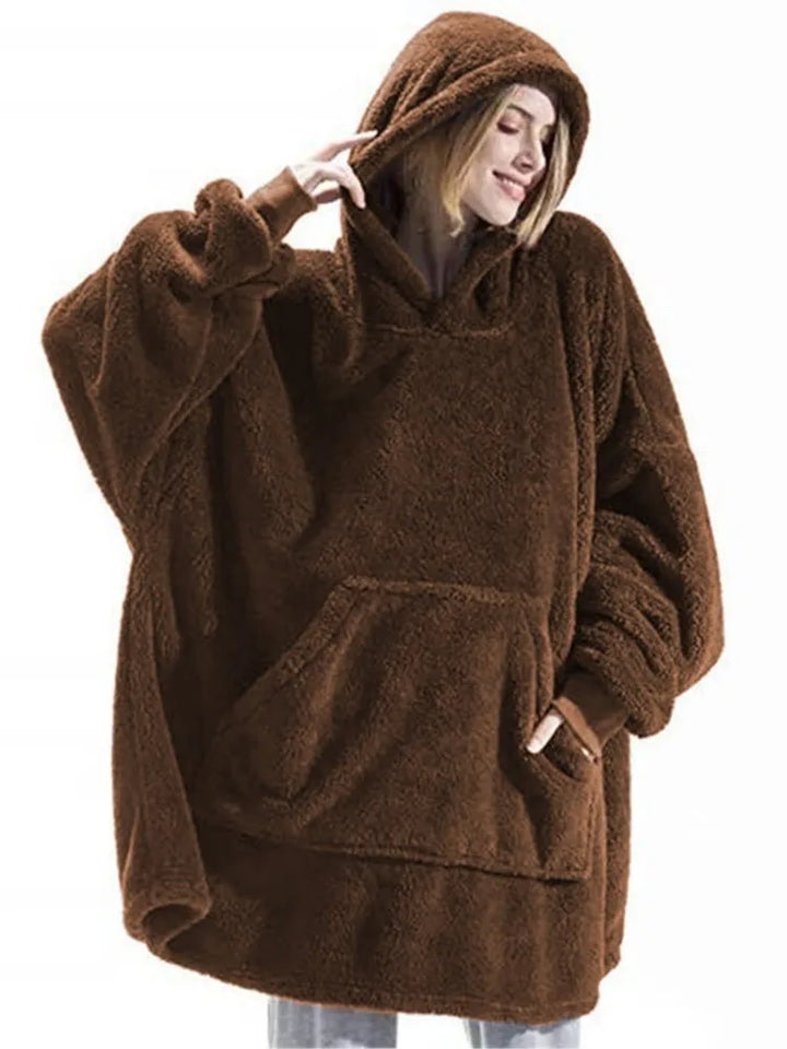 Woman wearing coffee brown oversized hooded blanket sweatshirt