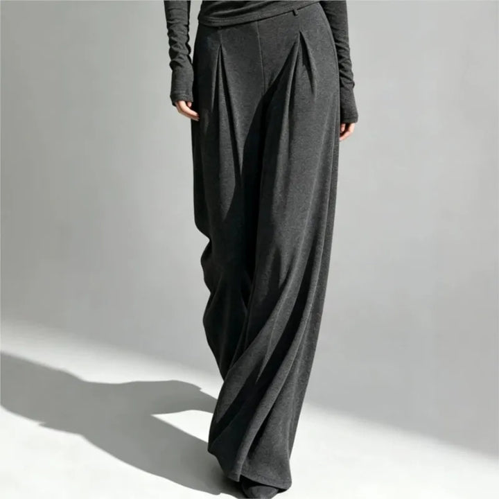 Back view of gray wide leg pleated pants