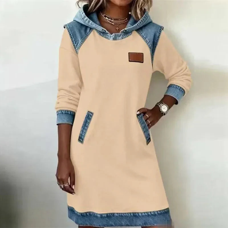 Yellow denim-trim hooded sweatshirt dress front view