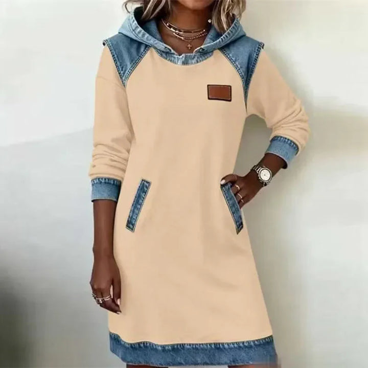 Yellow denim-trim hooded sweatshirt dress front view