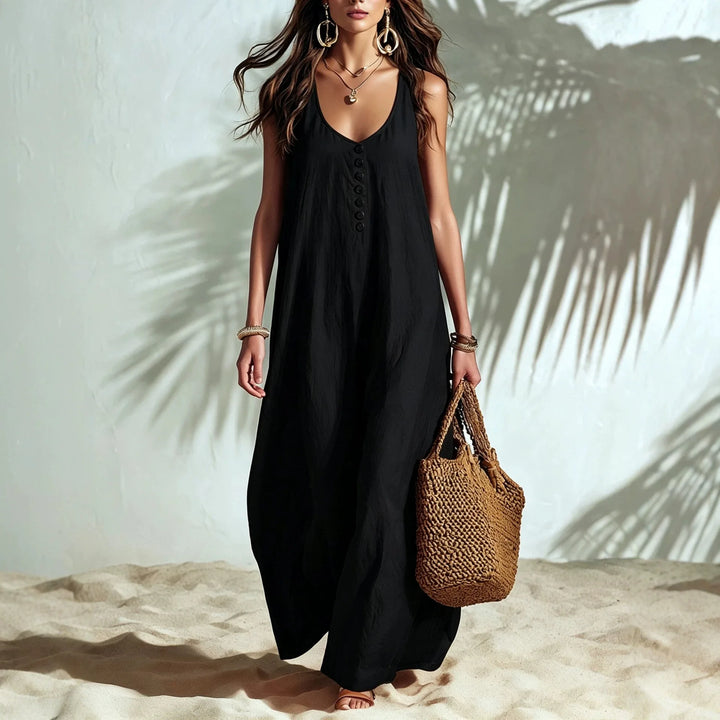 Tessa Casual Sleeveless V Neck Button Maxi Dress