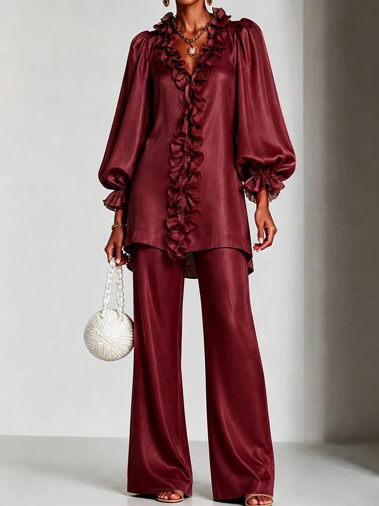 Wine red ruffled V-neck top and wide leg pants set
