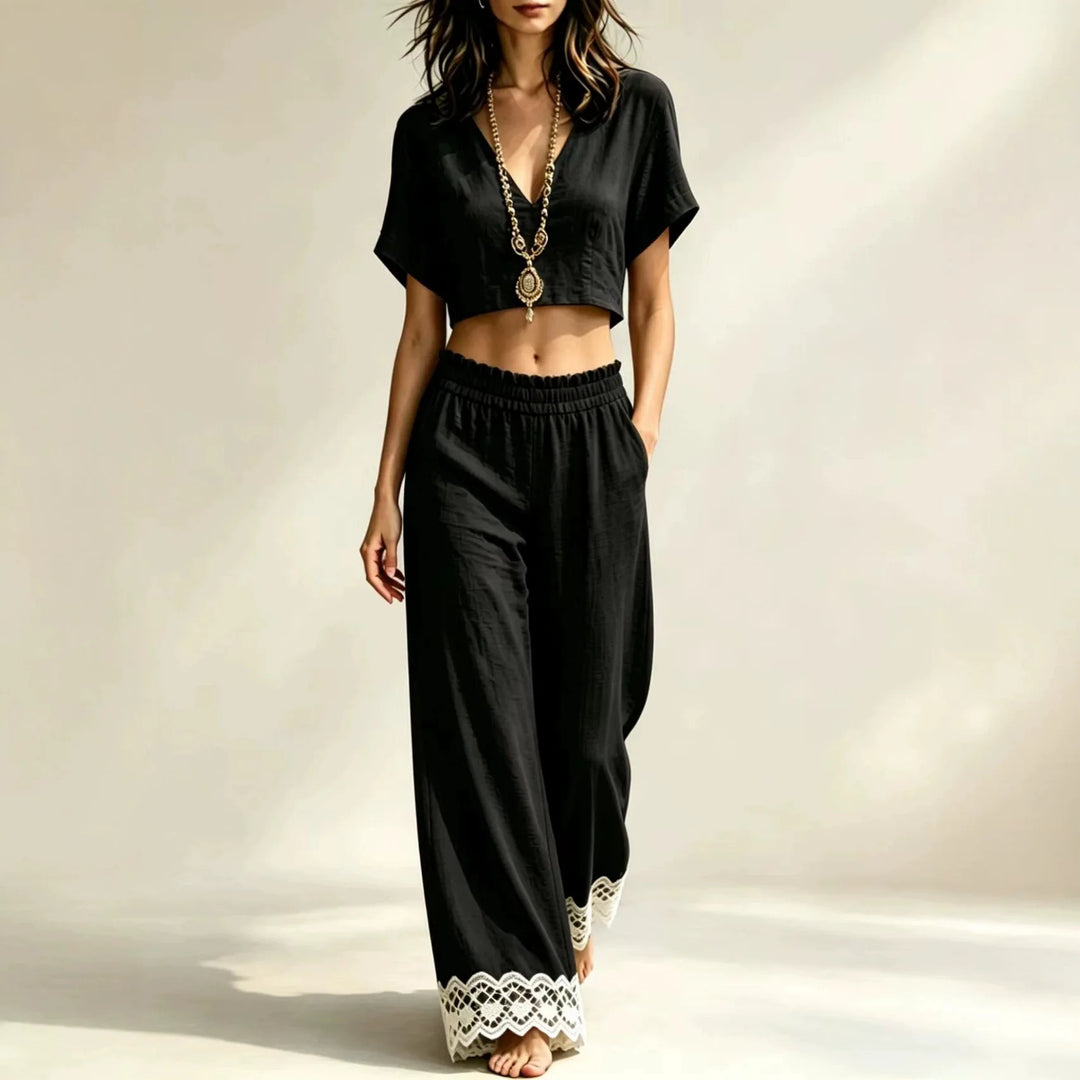 Maristelle Cropped Top Lace Detail Pants Set