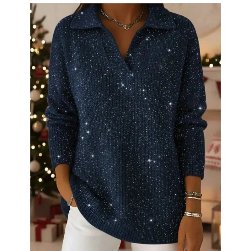Woman wearing navy blue ribbed knit pullover sweater with notched collar