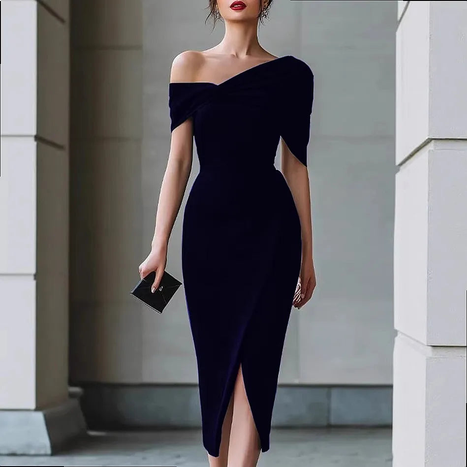 Elara Draped Shoulder Midi Dress