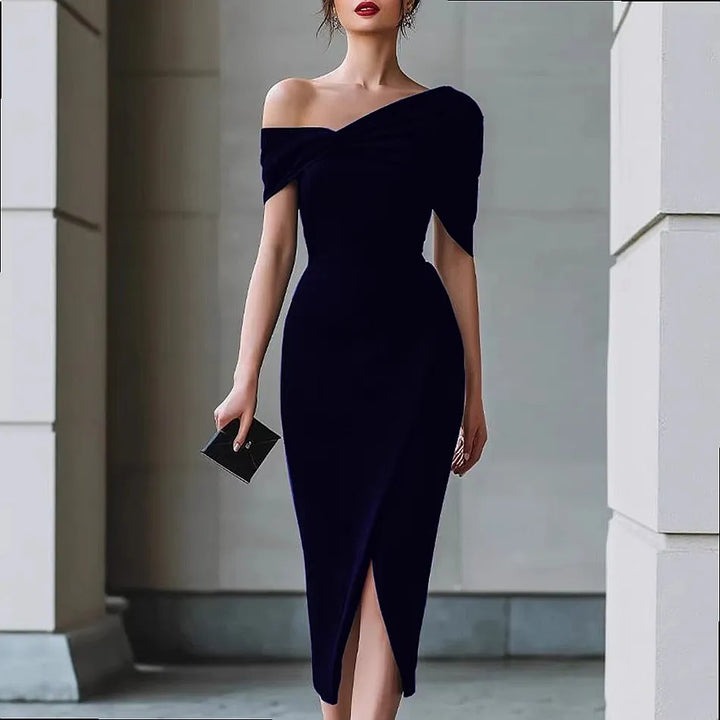 Elara Draped Shoulder Midi Dress