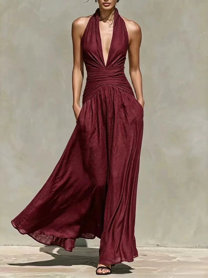 Burgundy halter maxi dress with ruched waist, front view