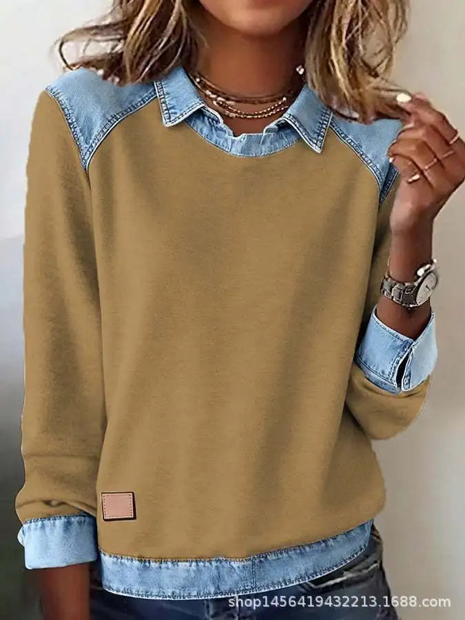 Khaki denim-collar pullover close up on model
