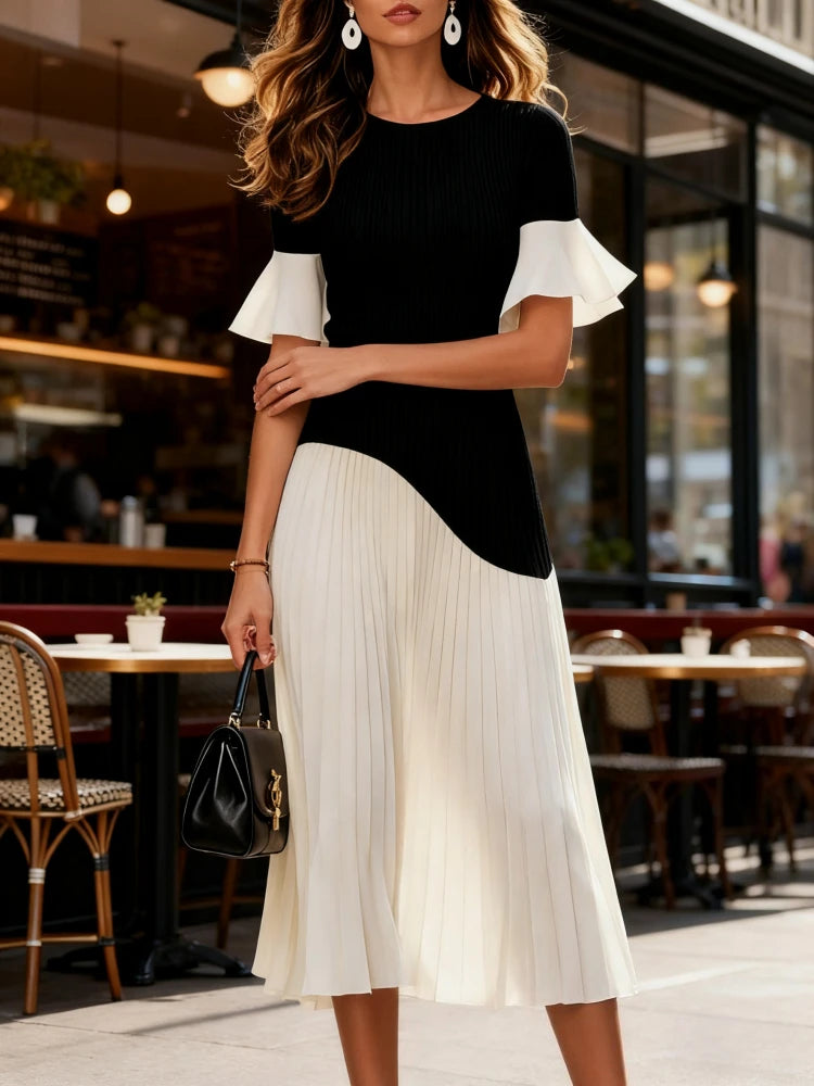 Aurelia Contrast Pleated Midi Dress