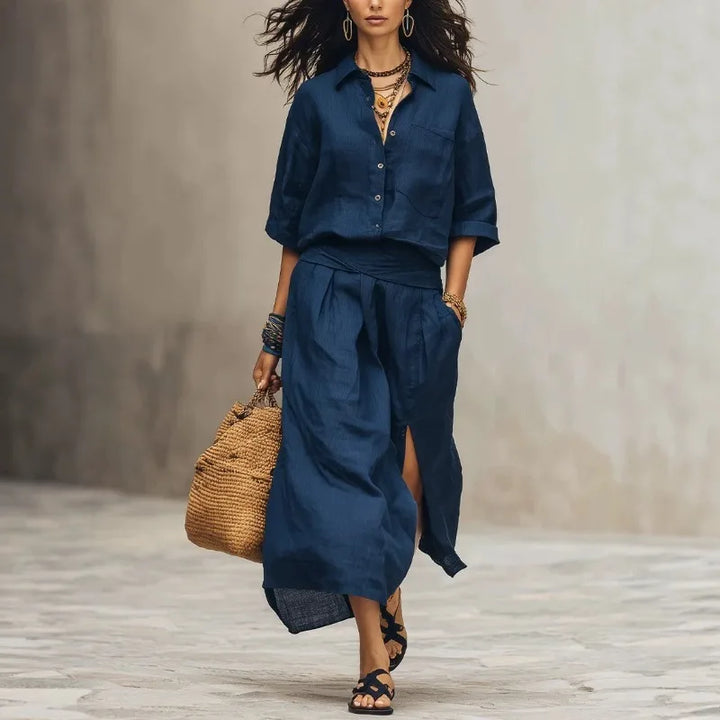 Carina Linen Shirt and Midi Skirt Set