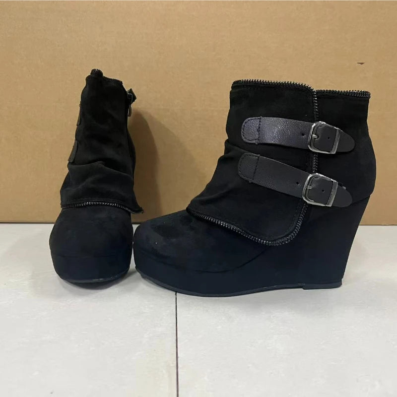 Corinne Buckle Strap Wedge Boots