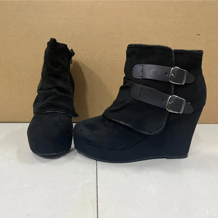 Corinne Buckle Strap Wedge Boots