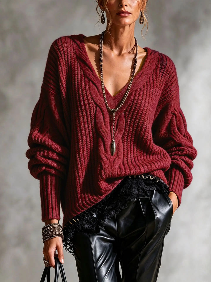 Close up of wine red cable knit V-neck sweater with folded collar