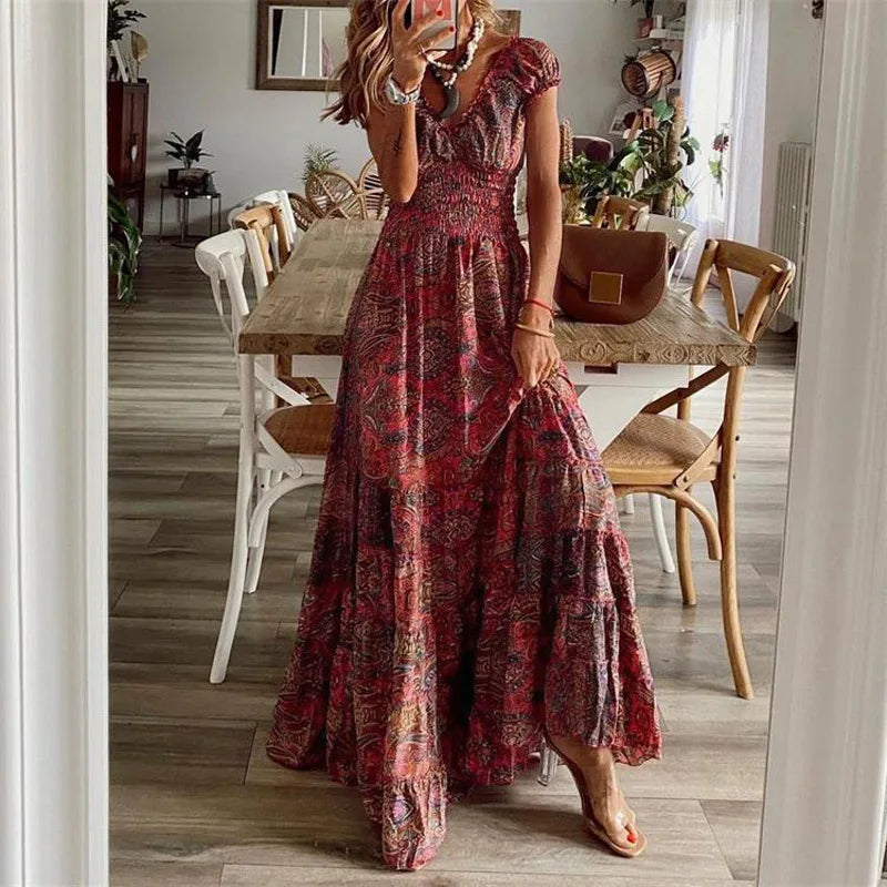 Lyra Bohemian Printed Petal Sleeve Maxi Dress