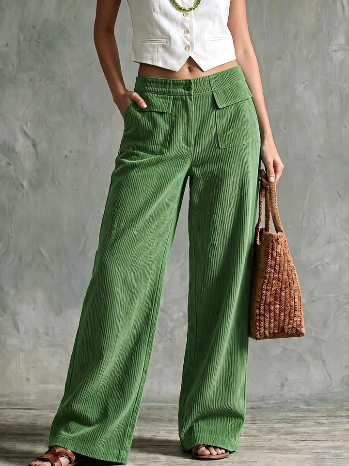 Green corduroy wide leg pants front detail view