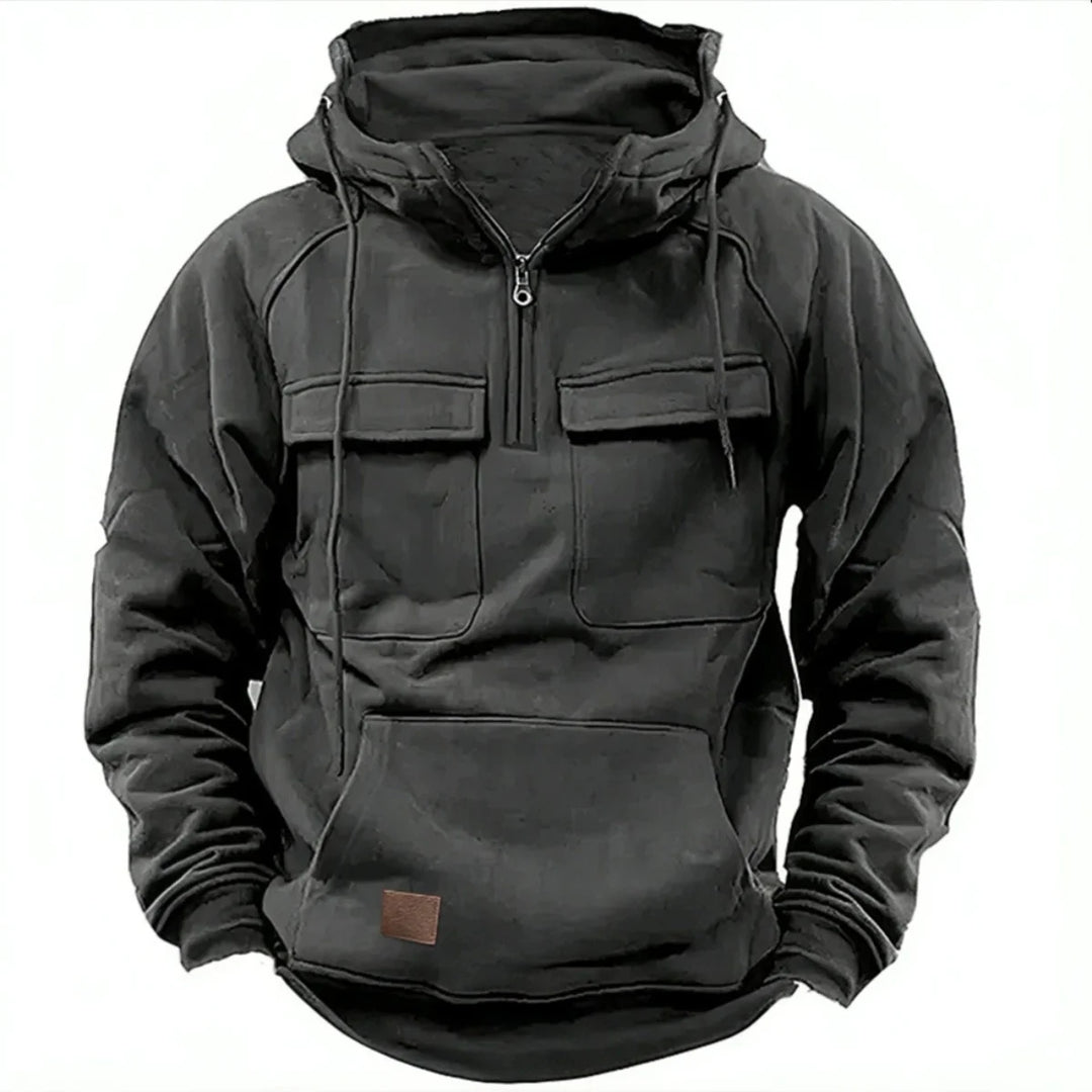 Black quarter zip hoodie with kangaroo pocket, front view