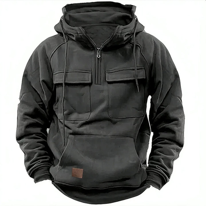 Black quarter zip hoodie with kangaroo pocket, front view